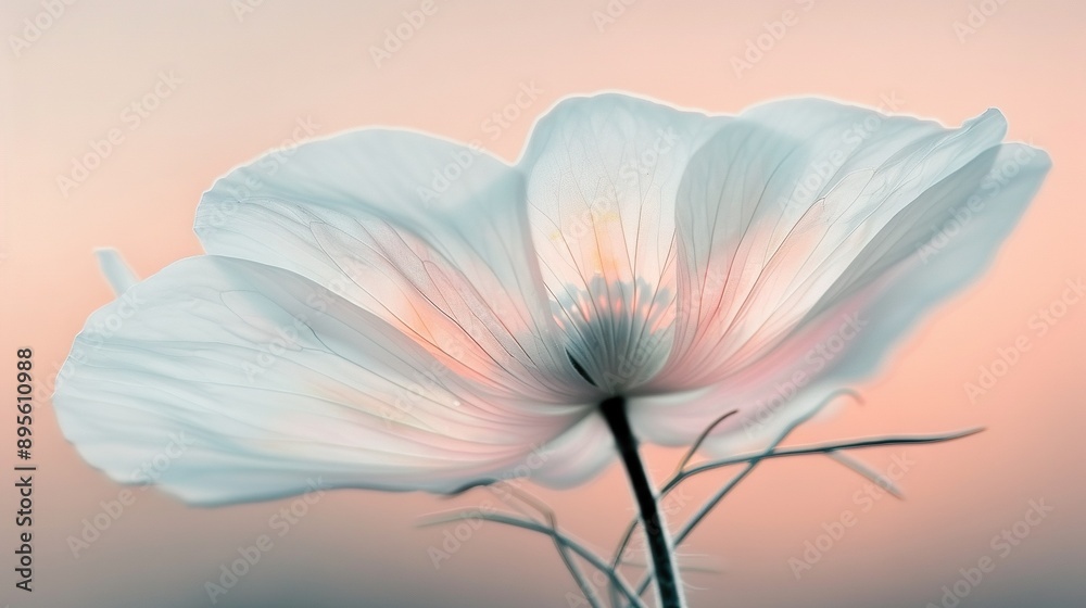   A close-up of a white flower against a pink sky in the background