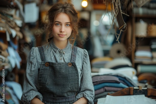 A friendly young woman stands with a smile in a cozy fabric store, wearing an apron and surrounded by various textiles, reflecting her enthusiasm and love for her craft. photo