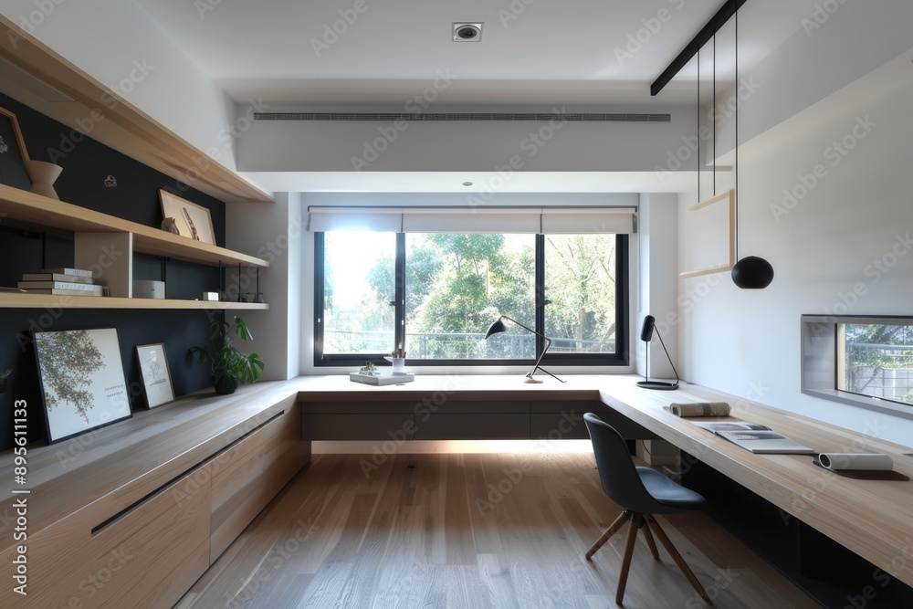 Home office with a large desk, minimalist decor, and a window