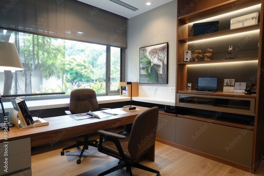 Home office with a large desk, minimalist decor, and a window Home office with a large desk, minimalist decor, and a window
