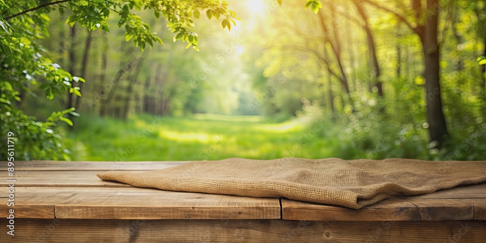 Empty wooden table with sack tablecloth in nature setting for product display, nature, background, wood, table, template, empty Empty wooden table with sack tablecloth in nature setting for product display, nature, background, wood, table, template, empty