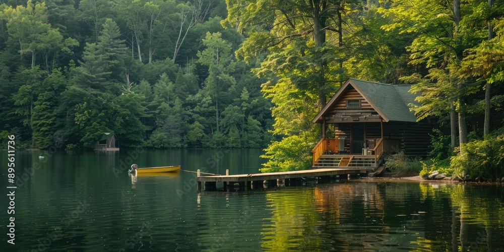 A cozy lakeside cabin surrounded by lush greenery, with a wooden dock extending into the calm water and a small boat moored nearby. A cozy lakeside cabin surrounded by lush greenery, with a wooden dock extending into the calm water and a small boat moored nearby.