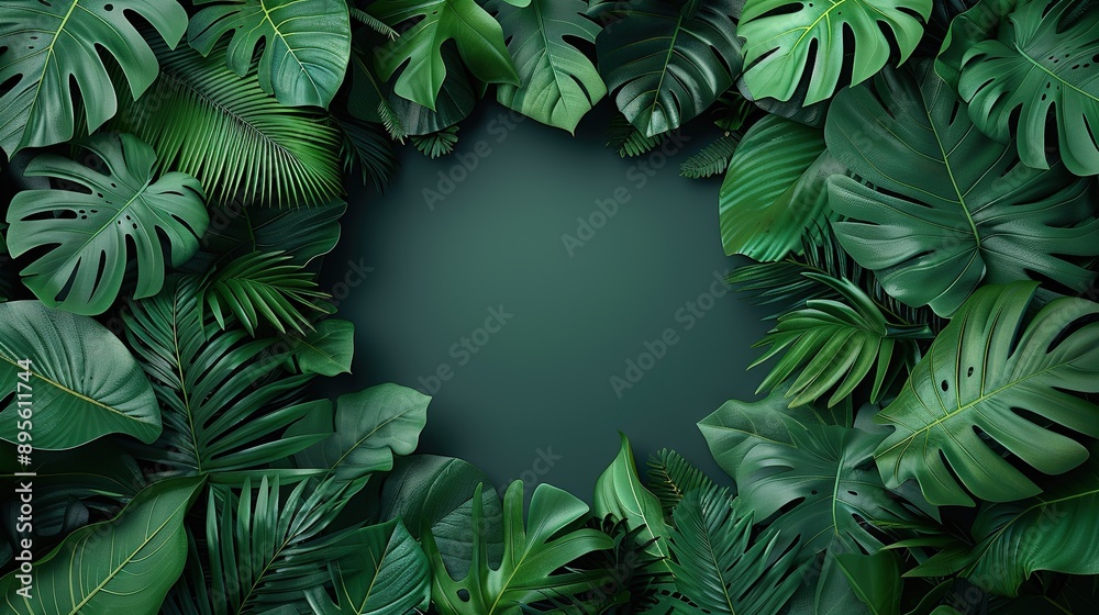 Green leaves on a dark green background with text space in the middle Green leaves on a dark green background with text space in the middle