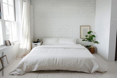 Bright and cozy white bedroom with minimalist decor and a comfortable bed