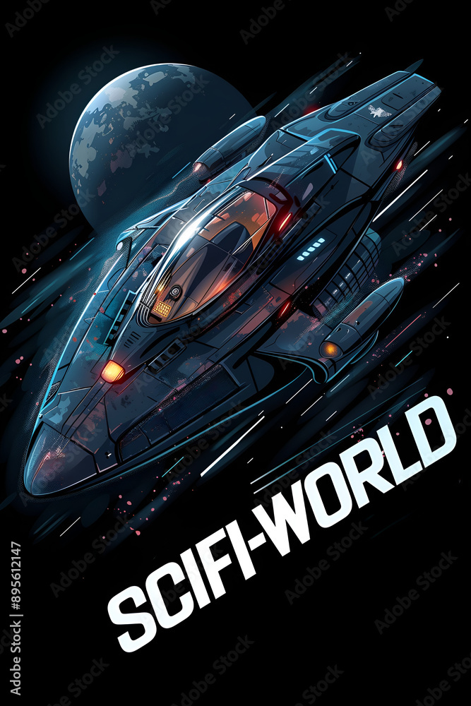 Fototapeta premium Sci-fi themed graphic design of spaceship and planet