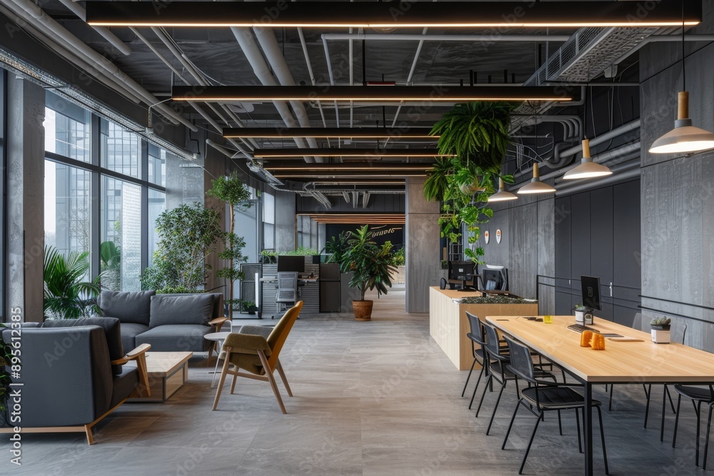 Interior of modern office with dark grey walls, tiled floor, gray armchairs and wooden tables with chairs. Interior of modern office with dark grey walls, tiled floor, gray armchairs and wooden tables with chairs.