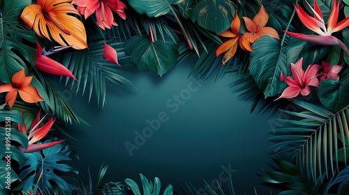  A lush tropical oasis on a deep blue canvas with space for text or imagery