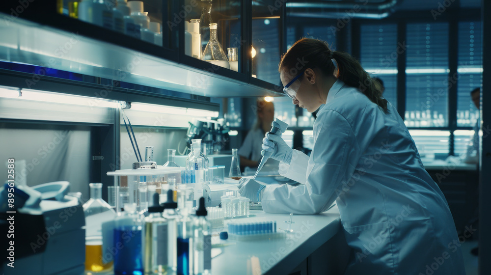 Scientist in a lab coat working with a pipette in a modern laboratory, surrounded by equipment and glassware, engrossed in a research experiment. Scientist in a lab coat working with a pipette in a modern laboratory, surrounded by equipment and glassware, engrossed in a research experiment.
