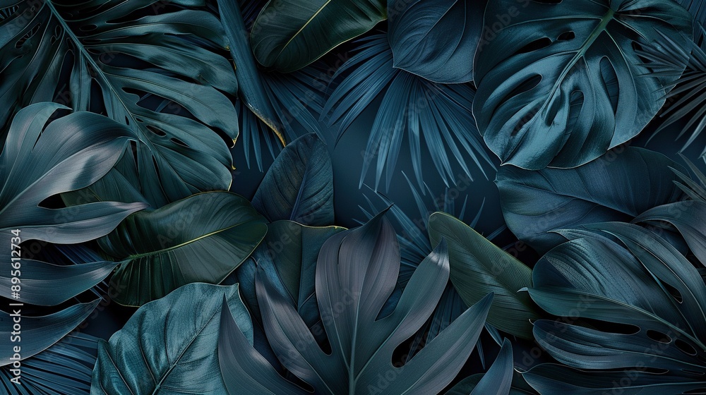 A photo of several green foliage clusters on a blue backdrop with a golden stripe dividing them A photo of several green foliage clusters on a blue backdrop with a golden stripe dividing them