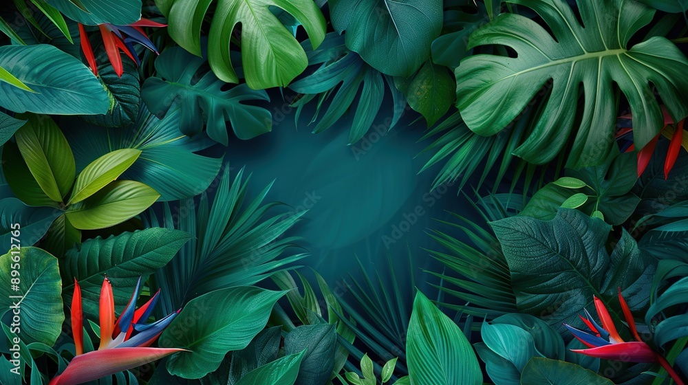 Group of green leaves with blue center surrounded by red and green plants on dark blue background Group of green leaves with blue center surrounded by red and green plants on dark blue background