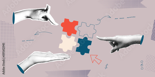 Halftone teamwork concept. Team collage with halftone hand and puzzle. Analytic and work together people background. Vector illustration