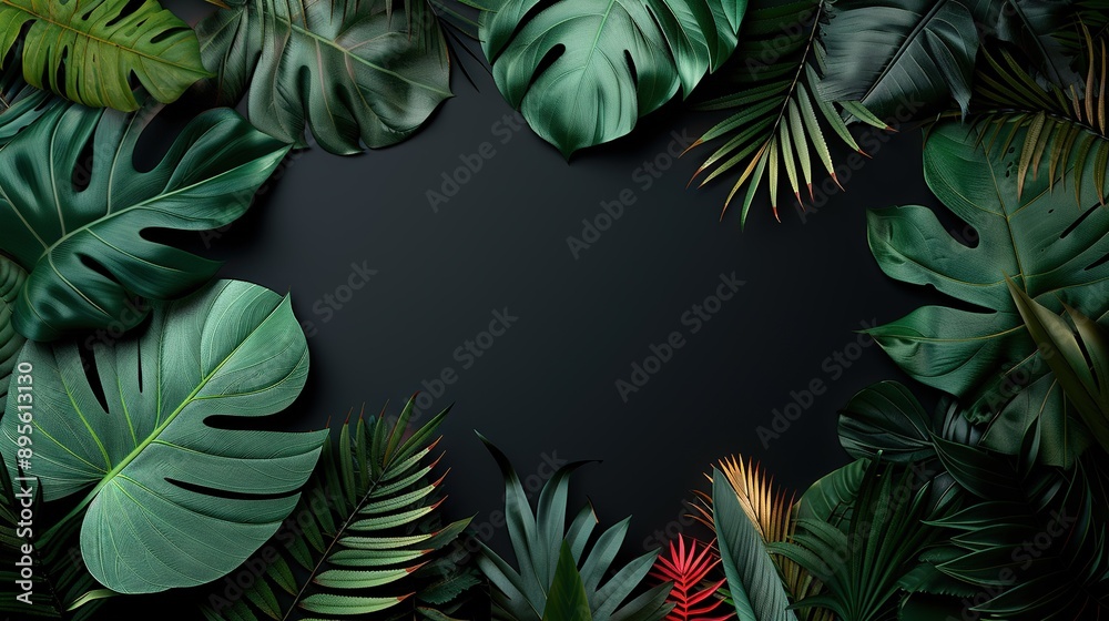 Black background with green leaves framing a central red plant Black background with green leaves framing a central red plant
