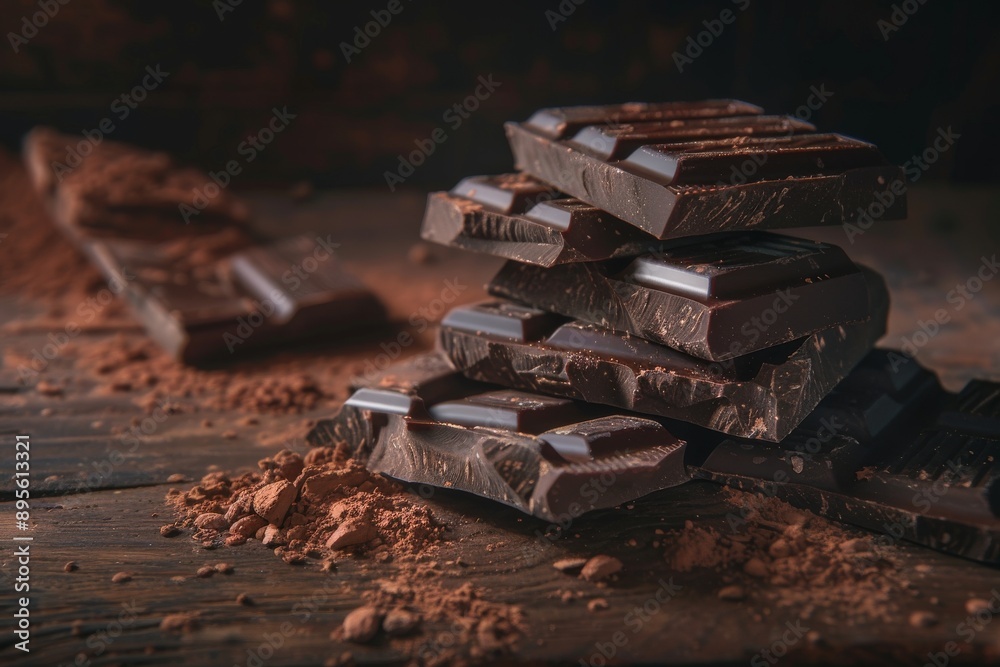 Chocolate bars, broken into pieces and displayed on an old wooden table with some cacao powder scattered around it. Luxury Background Chocolate bars, broken into pieces and displayed on an old wooden table with some cacao powder scattered around it. Luxury Background