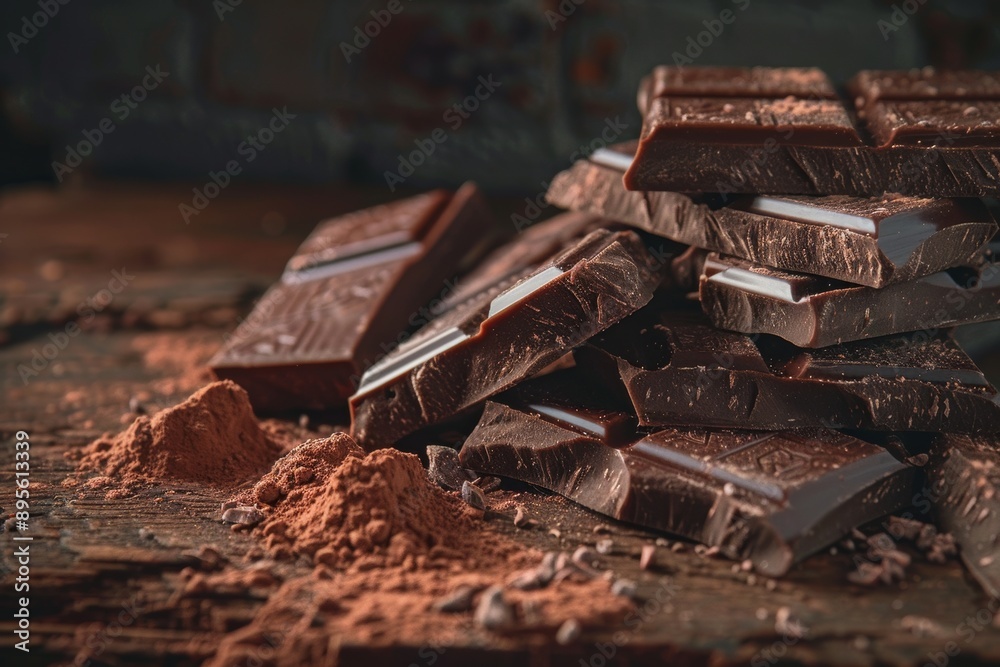 Chocolate bars, broken into pieces and displayed on an old wooden table with some cacao powder scattered around it. Luxury Background Chocolate bars, broken into pieces and displayed on an old wooden table with some cacao powder scattered around it. Luxury Background