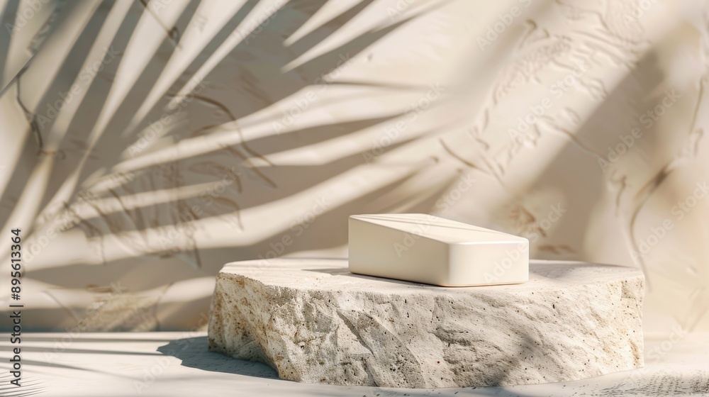 Simple product showcase on sleek stone with palm leaves shadow, raw photo Simple product showcase on sleek stone with palm leaves shadow, raw photo