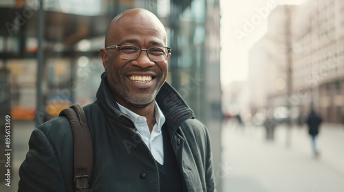 A smiling person stands confidently in an urban setting, surrounded by modern buildings, exuding positivity and joy.