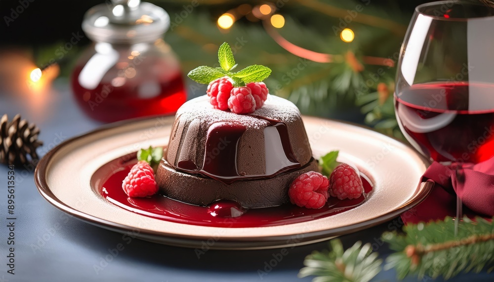 A chocolate dessert topped with raspberries and a red sauce A chocolate dessert topped with raspberries and a red sauce