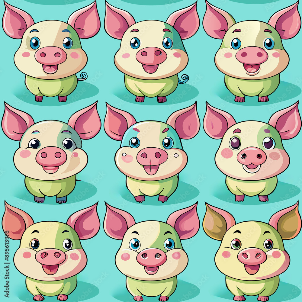 Obraz premium A repeating pattern featuring four funny pigs in pastel colors.