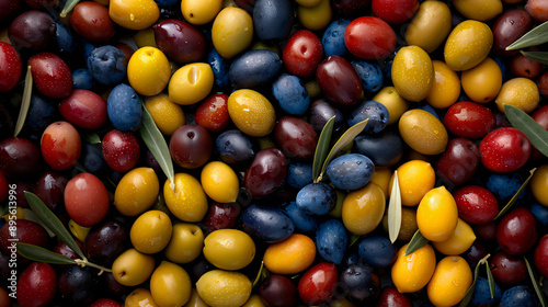 Assorted olives with green leaves