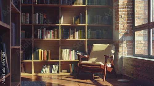 A cozy reading nook with a comfortable armchair, illuminated by natural light streaming through large windows, surrounded by bookshelves filled with books.