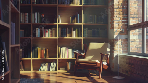 A cozy reading nook with a comfortable armchair, illuminated by natural light streaming through large windows, surrounded by bookshelves filled with books. © VK Studio