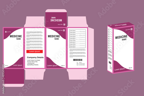 Medicine Packaging design. Medicine packaging box with box dies line, 3d box mock-up, icon, frames and design elements, and vector design template.