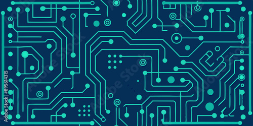 seamless repeat pattern of  teal circuit board design on dark blue background