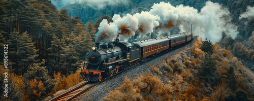 A vintage steam locomotive chugging along a scenic railway, its rhythmic clanging echoing through the countryside.
