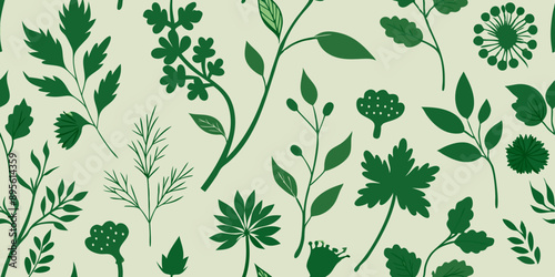 Vintage botanical illustration seamless pattern with green herbs and flowers