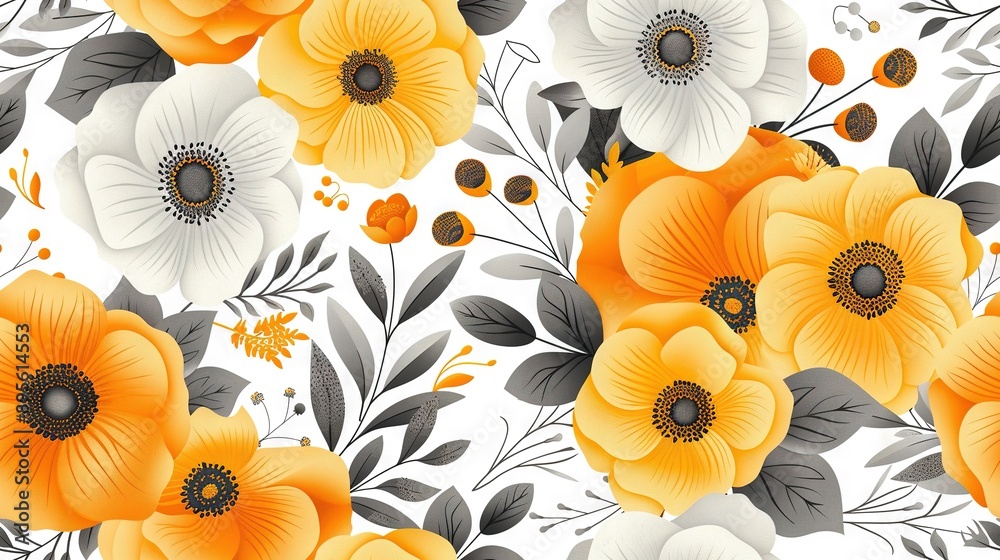 An orange and white floral pattern with leaves and blossoms against a white backdrop, featuring grey and orange highlights An orange and white floral pattern with leaves and blossoms against a white backdrop, featuring grey and orange highlights