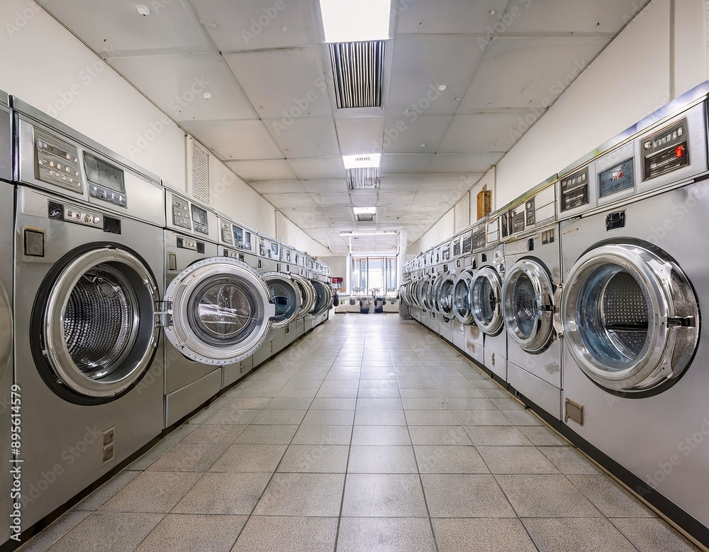 A Row of Industrial Washing Machines in a Public Laundromat A Row of Industrial Washing Machines in a Public Laundromat