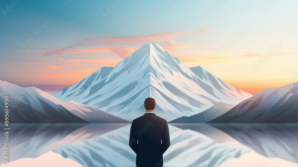 A businessman gazes at a serene mountain landscape, reflecting on nature's beauty and the possibilities of adventure. A businessman gazes at a serene mountain landscape, reflecting on nature's beauty and the possibilities of adventure.