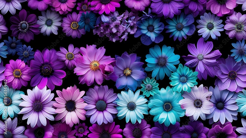 A monochrome image features a cluster of vibrant purple and blue blooms against a dark background, framed by a radiant golden center A monochrome image features a cluster of vibrant purple and blue blooms against a dark background, framed by a radiant golden center