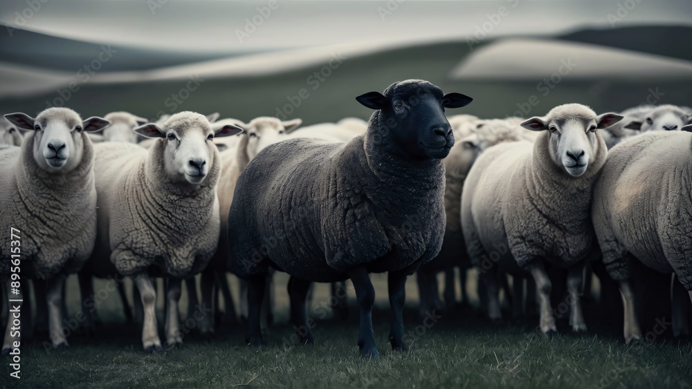 Fototapeta premium A black sheep among a flock of white sheep, raising head, Concept of standing out from the crowd, unique with its own identity, AI generated concept image.