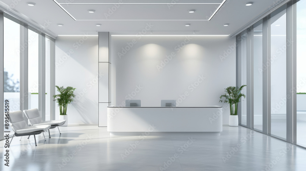 Fototapeta premium Minimalist office reception area with white furniture, large windows, and bright natural light, creating a serene, professional environment.