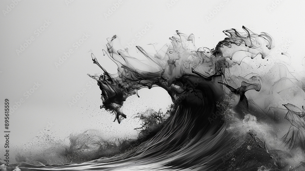 Black Ink Wave: Abstract black ink wave crashing against a white backdrop, a powerful, dramatic, and artistic representation of energy, movement, and change. 