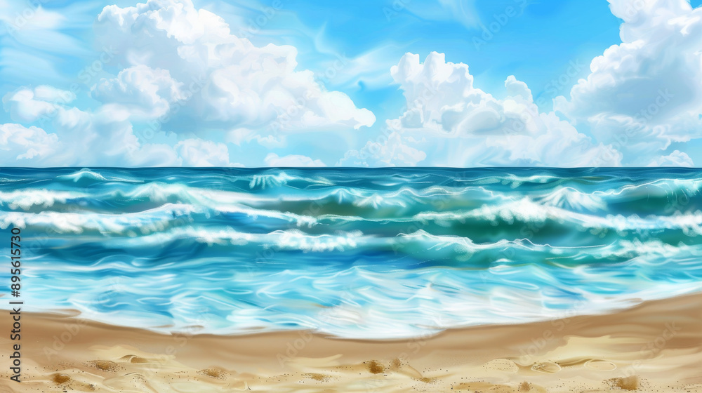 Obraz premium A vibrant, artistic beach scene with dynamic waves crashing onto the sandy shore under a bright, cloud-filled sky.