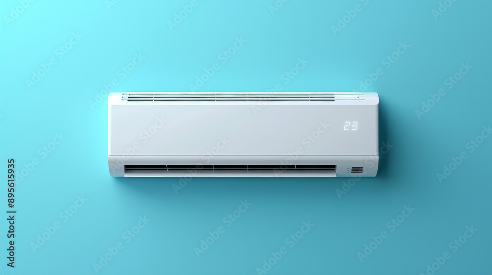 Modern air conditioner mounted on a vibrant blue wall, showcasing sleek design and digital temperature display for cool comfort. Modern air conditioner mounted on a vibrant blue wall, showcasing sleek design and digital temperature display for cool comfort.
