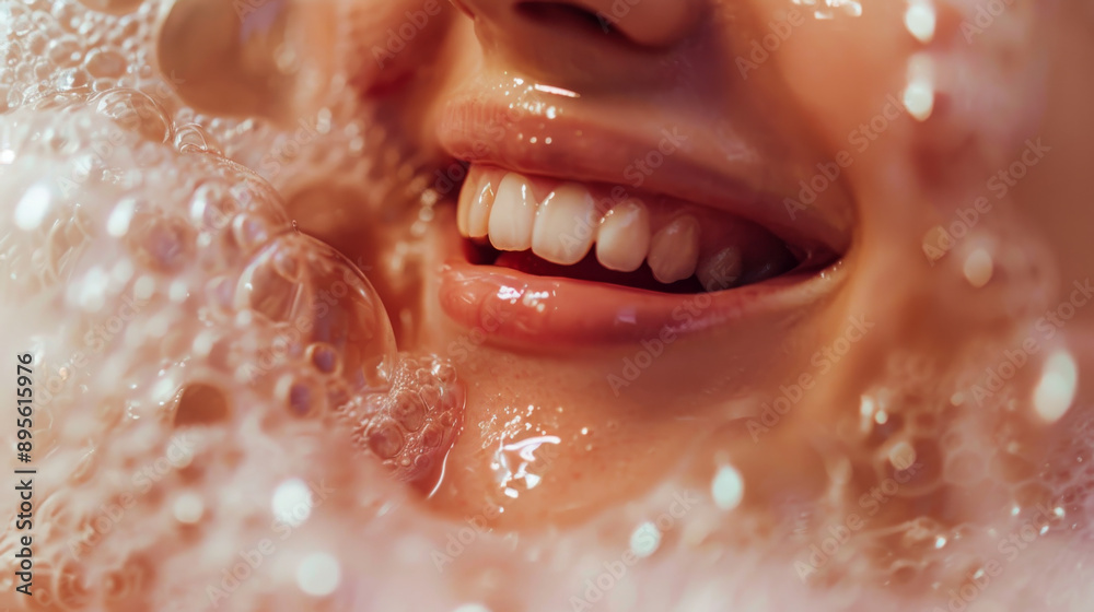 Obraz premium Close-up of a person's smiling mouth, covered in bubbly foam, capturing a moment of joy and playful fun.