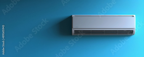 Modern air conditioner mounted on a blue wall, showcasing sleek design and efficient cooling technology for any living space.