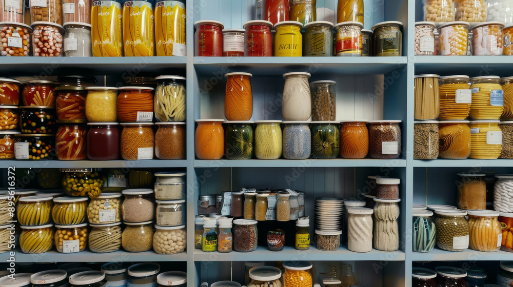 An organized pantry shelf filled with a diverse range of canned and preserved goods showcasing practical storage and preparation. An organized pantry shelf filled with a diverse range of canned and preserved goods showcasing practical storage and preparation.