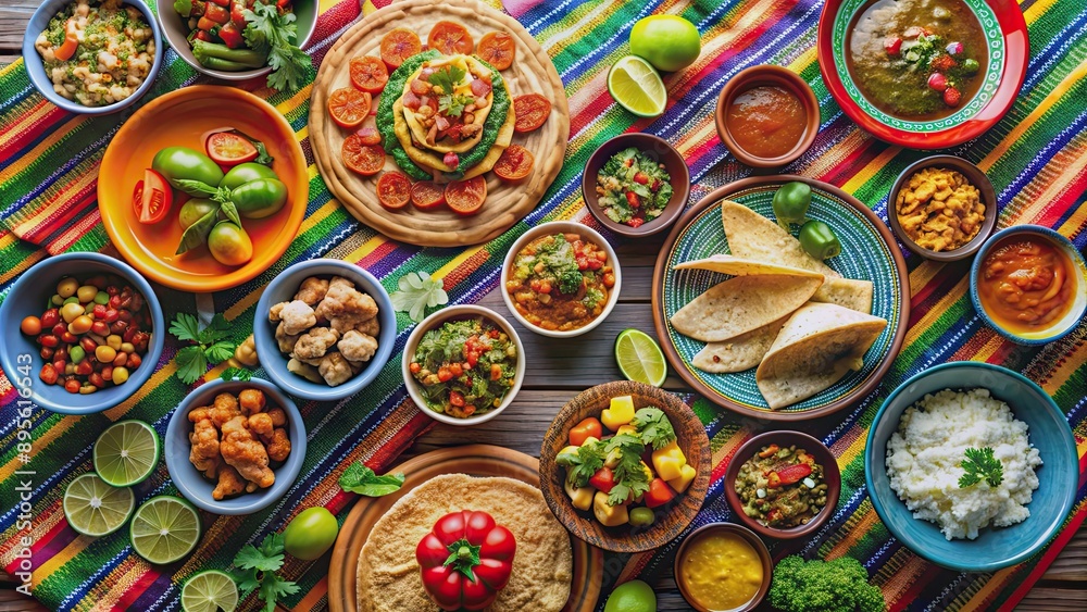 Authentic Mexican cuisine dishes on a table at a vibrant Mexican restaurant, tacos, enchiladas, guacamole, salsa Authentic Mexican cuisine dishes on a table at a vibrant Mexican restaurant, tacos, enchiladas, guacamole, salsa