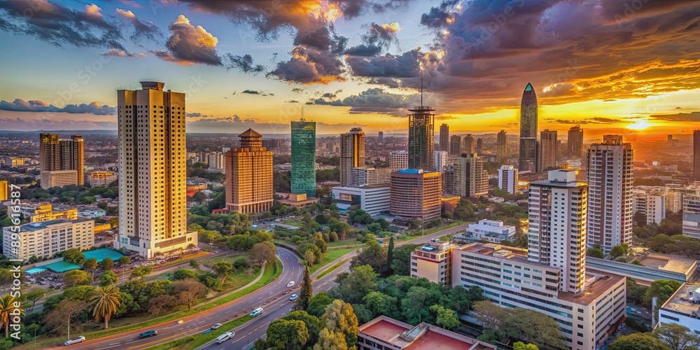 © Nasnunt - Dynamic Nairobi skyline at sunset with modern skyscrapers and busy traffic below, urban, cityscape, Nairobi, Kenya © Nasnunt - Dynamic Nairobi skyline at sunset with modern skyscrapers and busy traffic below, urban, cityscape, Nairobi, Kenya