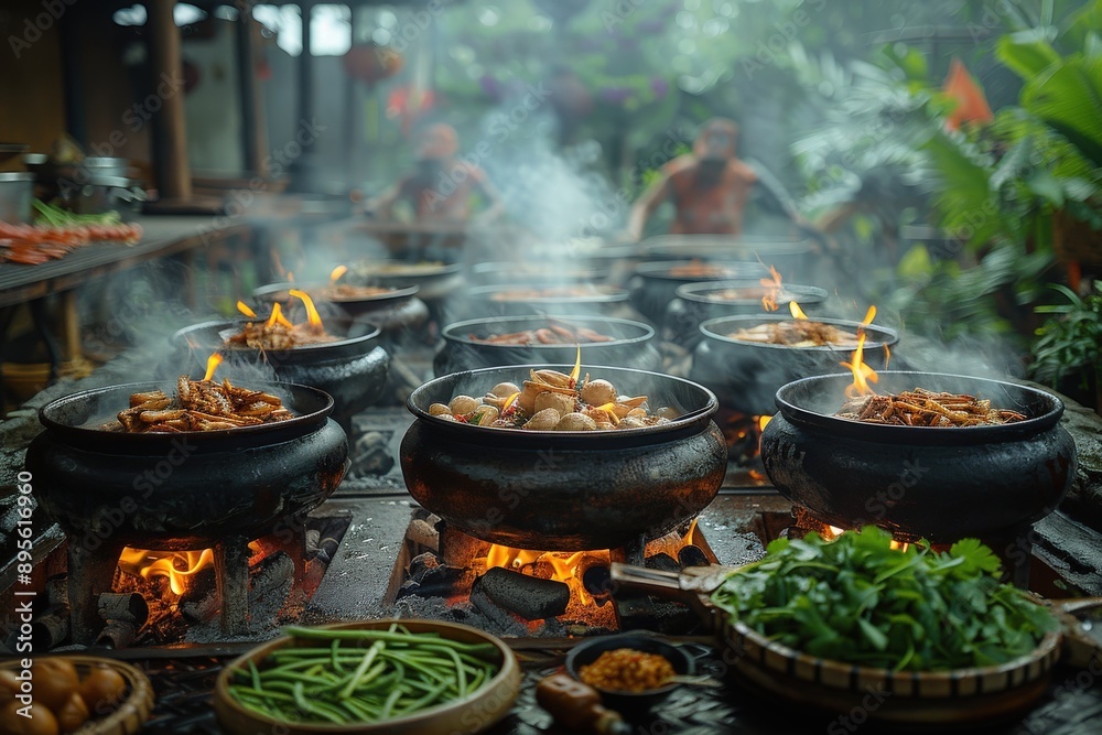 Multiple traditional pots cooking a variety of foods on open flames, with fresh vegetables and herbs on the side, in an outdoor setting surrounded by lush greenery. Multiple traditional pots cooking a variety of foods on open flames, with fresh vegetables and herbs on the side, in an outdoor setting surrounded by lush greenery.