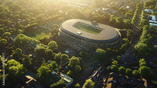 An aerial view of a large stadium surrounded by lush greenery, bathed in golden sunlight, showcasing the harmony between architecture and nature. photo