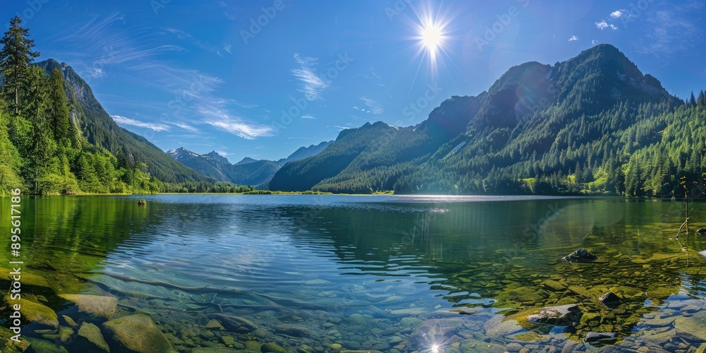 A tranquil mountain lake surrounded by lush green forests and towering peaks, with a clear blue sky and sunlight reflecting off the water's surface. A tranquil mountain lake surrounded by lush green forests and towering peaks, with a clear blue sky and sunlight reflecting off the water's surface.