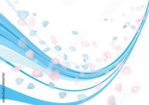 水彩風　水色とピンク花びらとラインが舞う