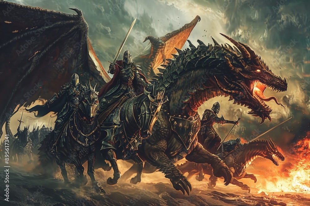 Knights on Dragons Charging into Battle. Knights on Dragons Charging into Battle.