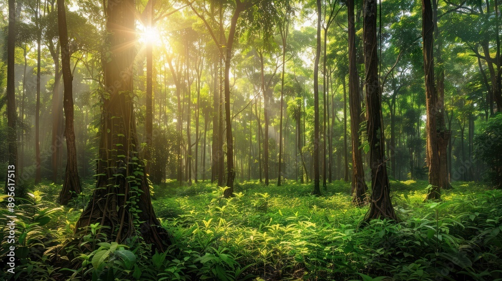 Obraz premium A vibrant green forest scene with sunlight filtering through the dense canopy creating a peaceful and serene atmosphere
