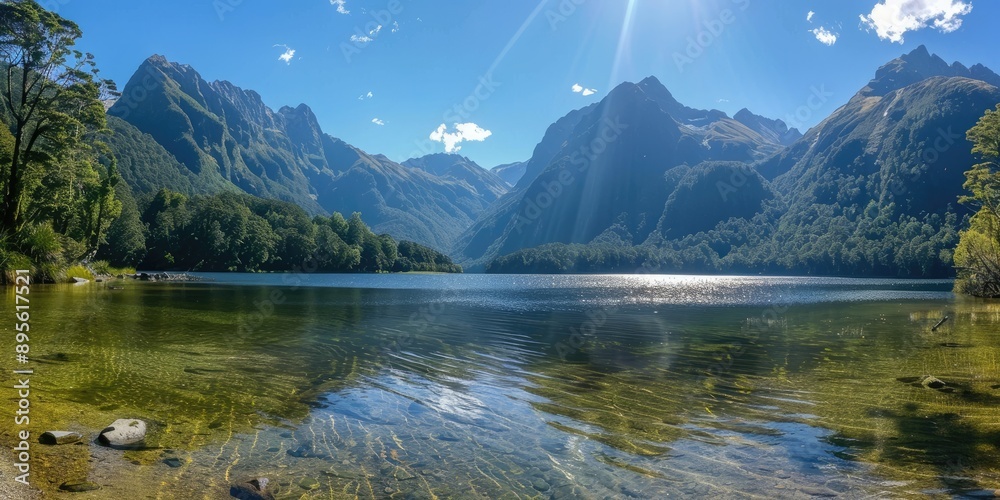 A tranquil mountain lake surrounded by lush green forests and towering peaks, with a clear blue sky and sunlight reflecting off the water's surface. A tranquil mountain lake surrounded by lush green forests and towering peaks, with a clear blue sky and sunlight reflecting off the water's surface.